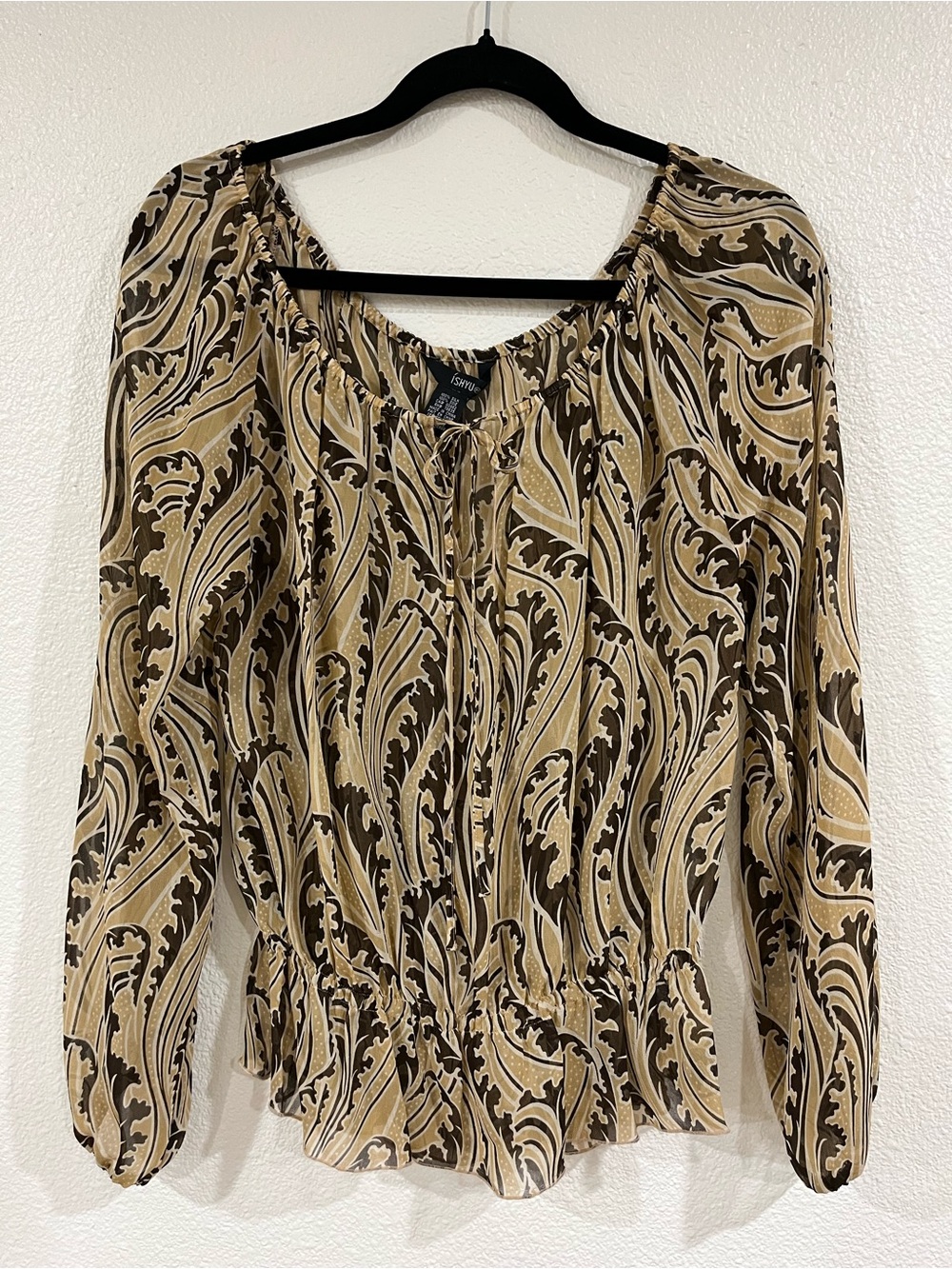 Ishyu Beige and Brown Paisley Long-Sleeve Blouse